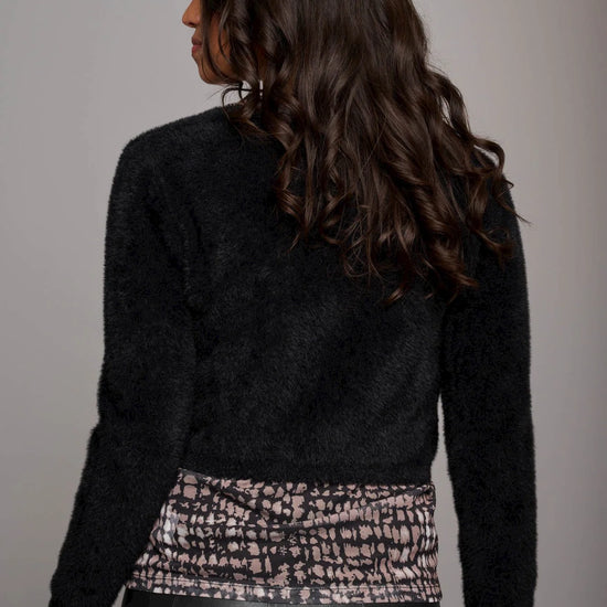 Cropped black long sleeved cardigan with tie fastening