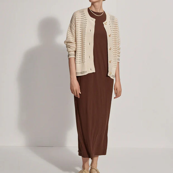 Button through pointelle knit cardigan in ecru with green details