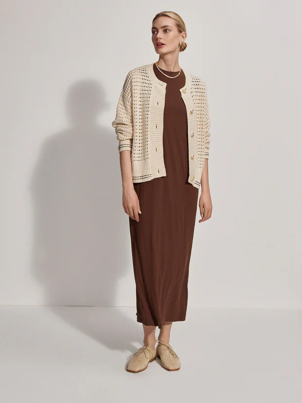 Button through pointelle knit cardigan in ecru with green details