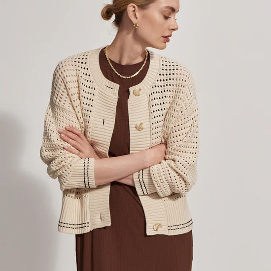 Button through pointelle knit cardigan in ecru with green details