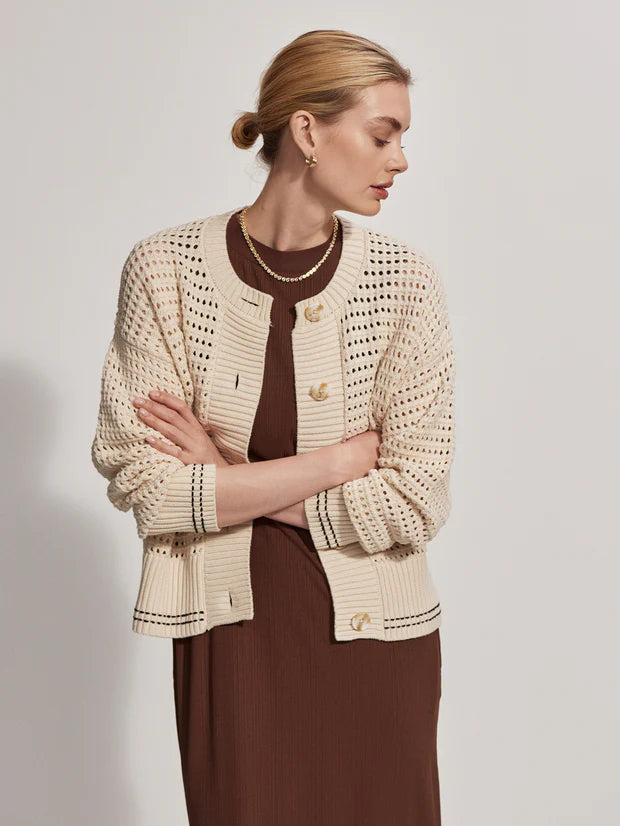 Button through pointelle knit cardigan in ecru with green details