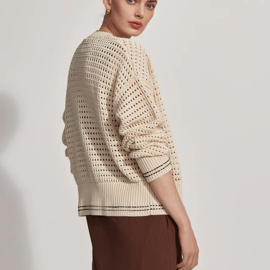 Button through pointelle knit cardigan in ecru with green details