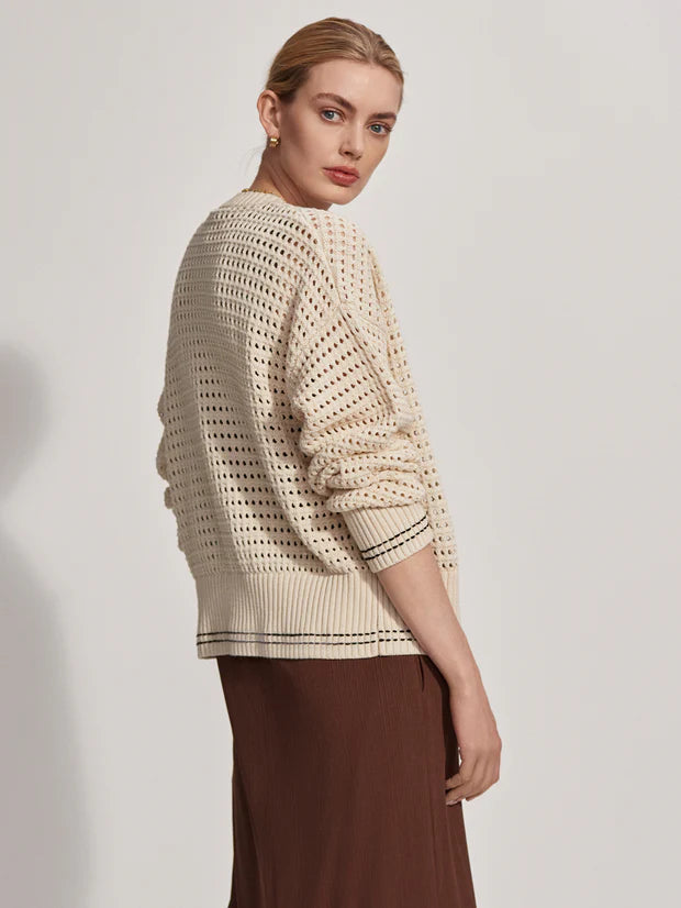 Button through pointelle knit cardigan in ecru with green details