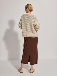 Button through pointelle knit cardigan in ecru with green details rear view