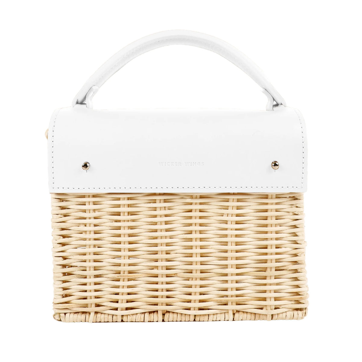 Wicker bag in natural with white leather details and adjustable shoulder strap
