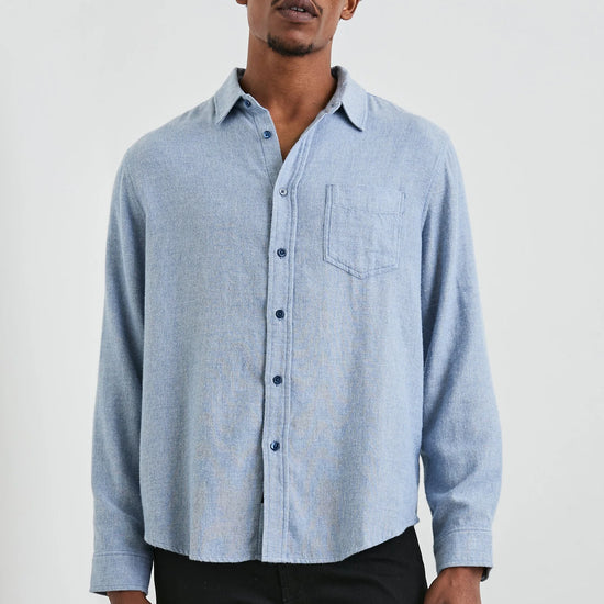 mens blue shirt with chest pocket and curved hem