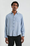 mens blue shirt with chest pocket and curved hem