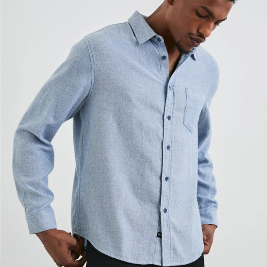 mens blue shirt with chest pocket and curved hem