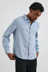 mens blue shirt with chest pocket and curved hem