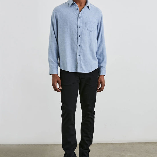 mens blue shirt with chest pocket and curved hem