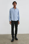 mens blue shirt with chest pocket and curved hem