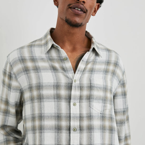 Neutral check shirt with chest pocket close up