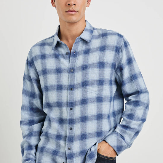 men blue check shirt with chest pocket