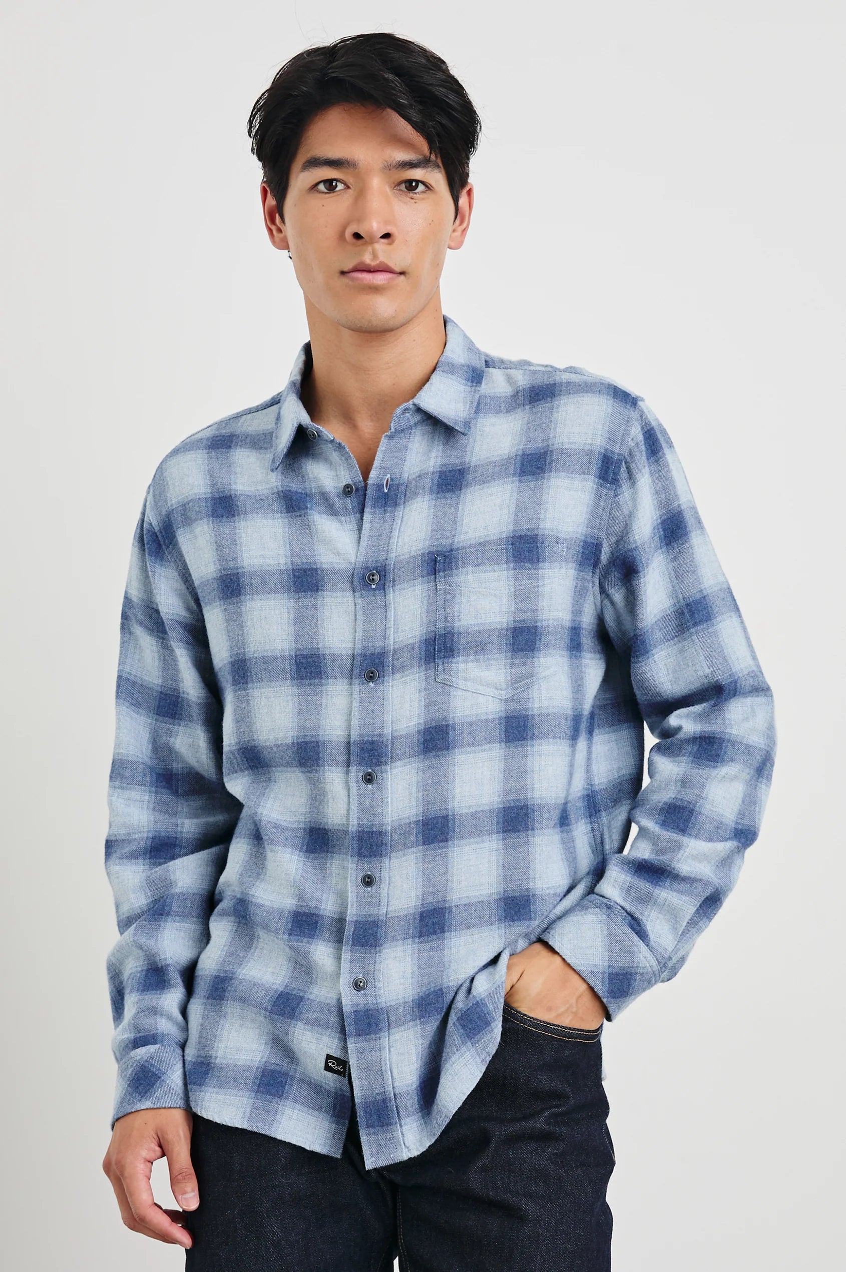 men blue check shirt with chest pocket