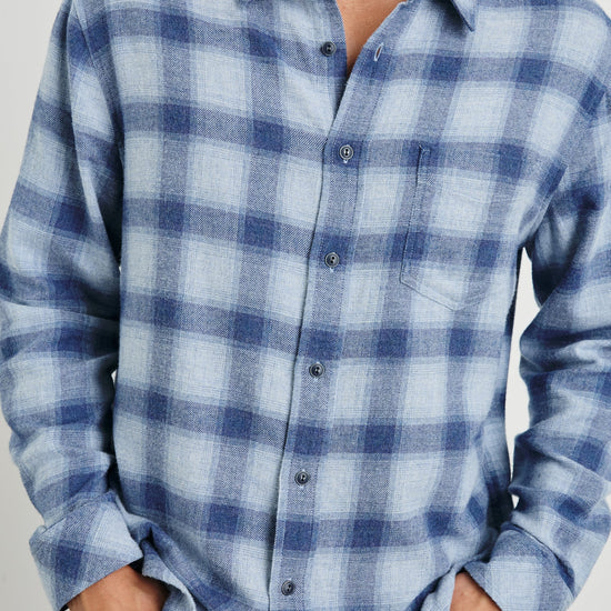 men blue check shirt with chest pocket close up