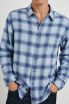 men blue check shirt with chest pocket close up