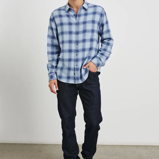 men blue check shirt with chest pocket