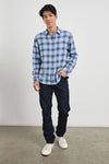 men blue check shirt with chest pocket