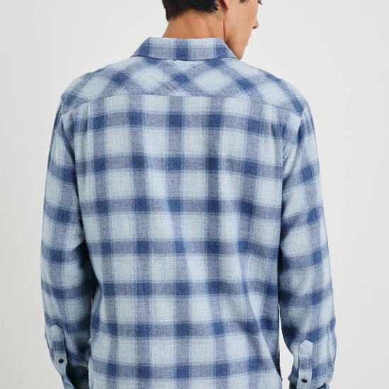 men blue check shirt with chest pocket rear view