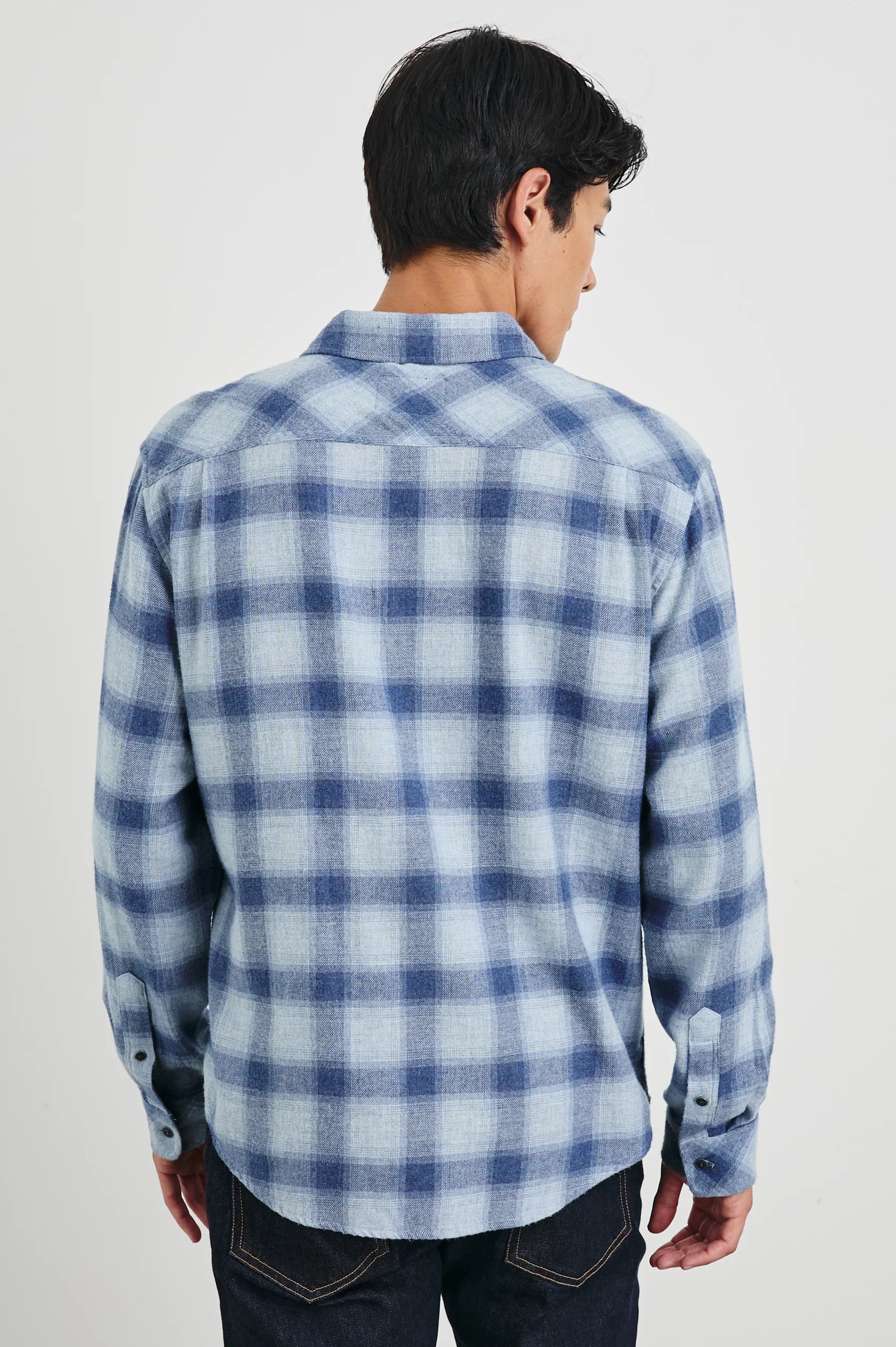 men blue check shirt with chest pocket rear view