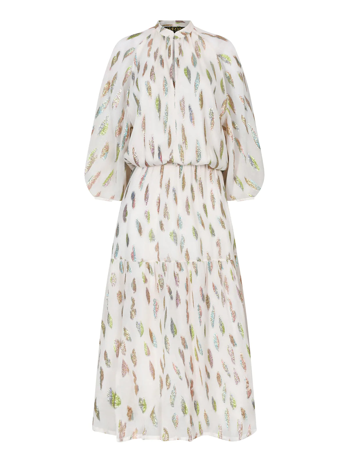 Cream with rainbow feather metallic pattern maxi dress with long raglan sleeves and elasticated cuffs double panelled floaty skirt