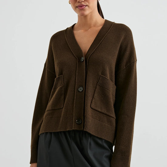 dark brown v neck cardigan with 2 front patch pockets 