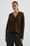 dark brown v neck cardigan with 2 front patch pockets 