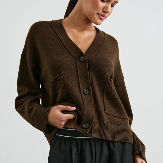 dark brown v neck cardigan with 2 front patch pockets model shot