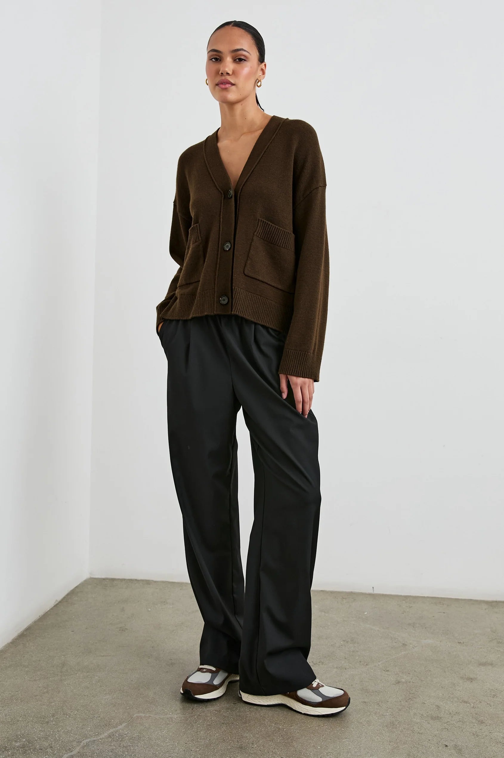 dark brown v neck cardigan with 2 front patch pockets 