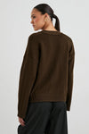 dark brown v neck cardigan with 2 front patch pockets  rear view 