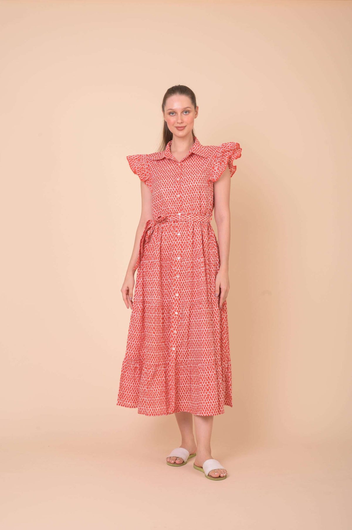 cotton button through dress with red and white print detail and removable tie belt