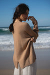 camel cashmere v neck jumper with ribbed neck, cuffs and hem rear view