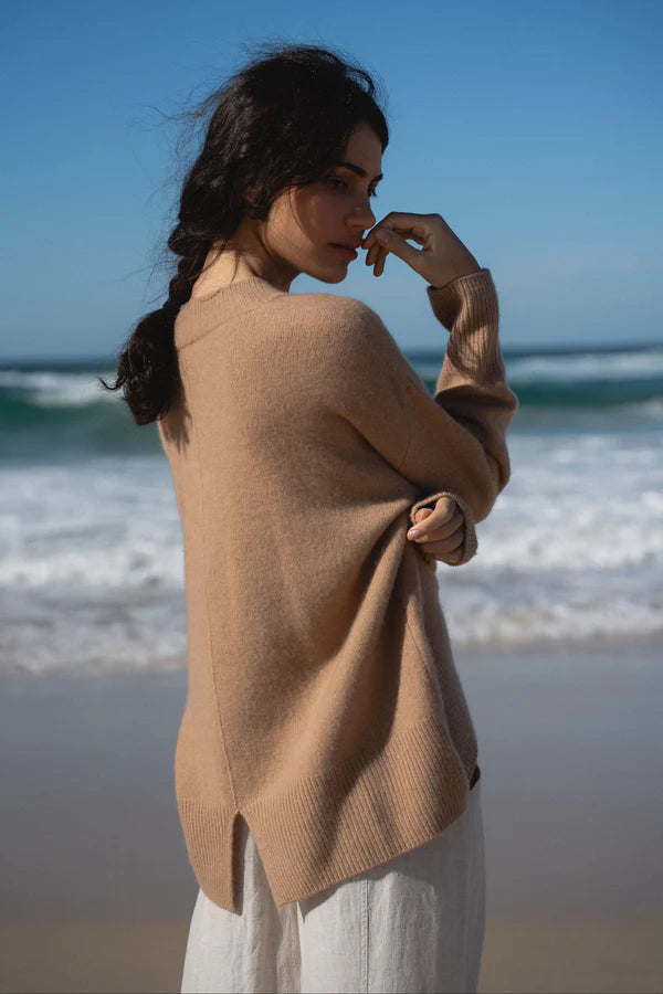 camel cashmere v neck jumper with ribbed neck, cuffs and hem rear view