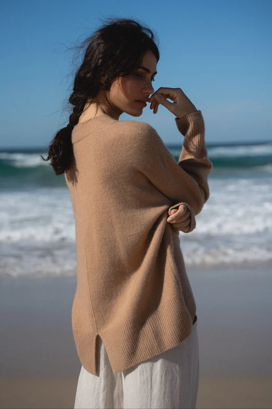 camel cashmere v neck jumper with ribbed neck, cuffs and hem rear view