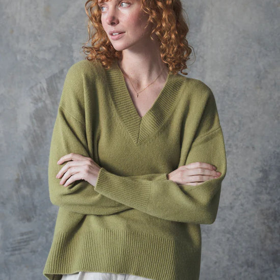v neck olive cashmere jumper with rib detailing 
