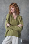 v neck olive cashmere jumper with rib detailing 