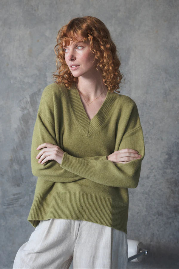 v neck olive cashmere jumper with rib detailing 