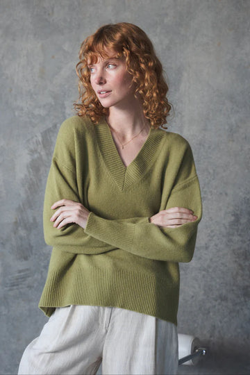 v neck olive cashmere jumper with rib detailing 