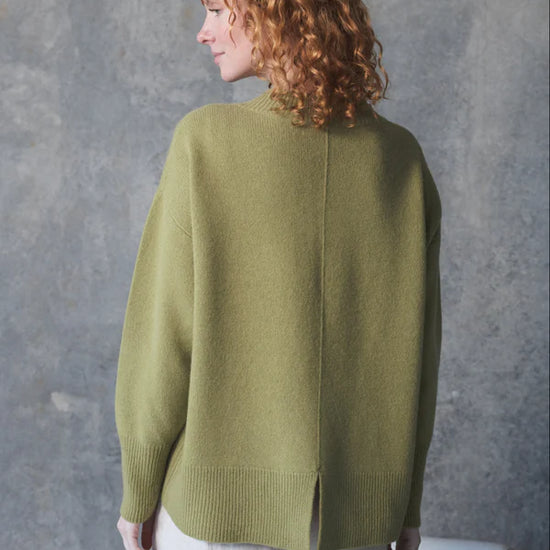 v neck olive cashmere jumper with rib detailing  rear view