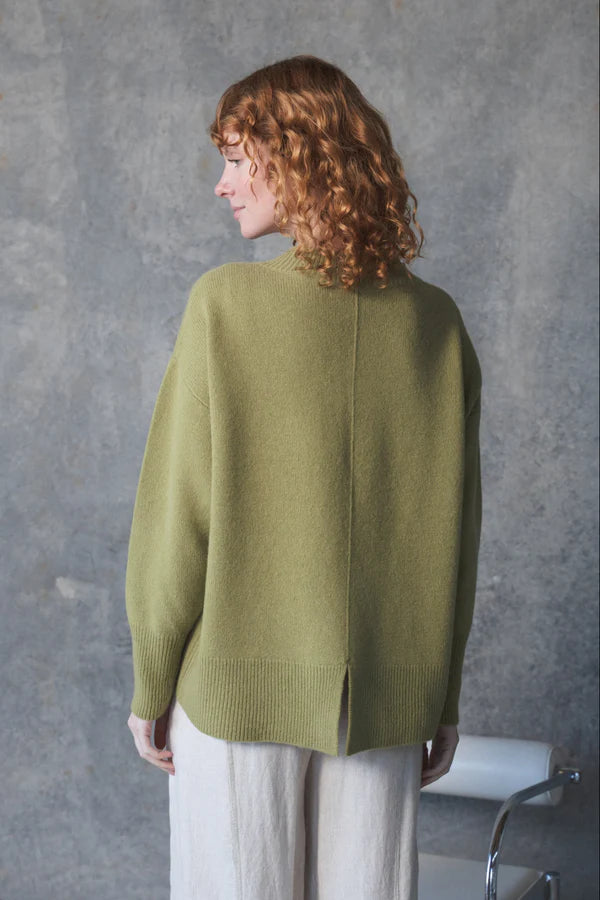 v neck olive cashmere jumper with rib detailing  rear view