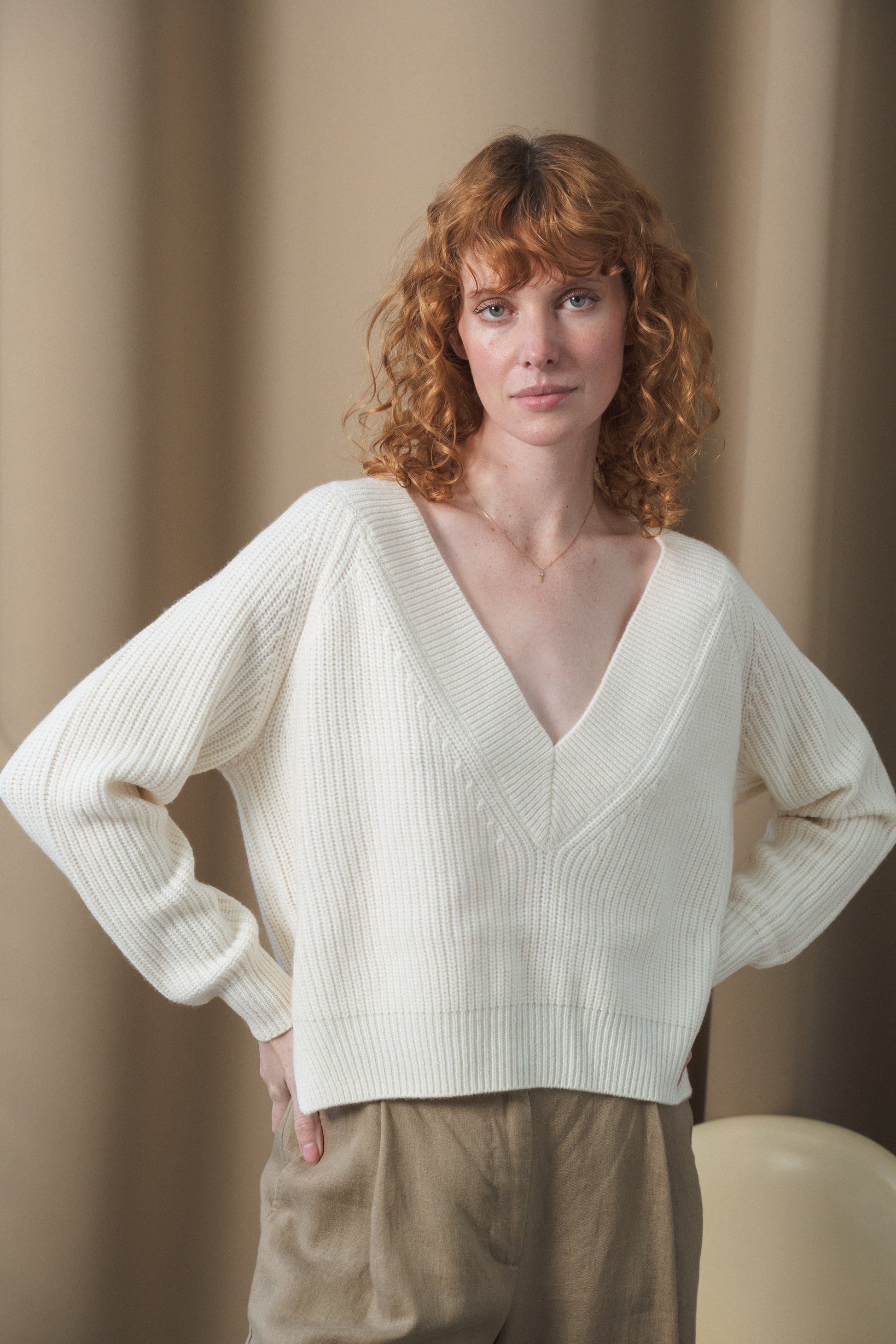 Cream rib long sleeve knit in merino mix