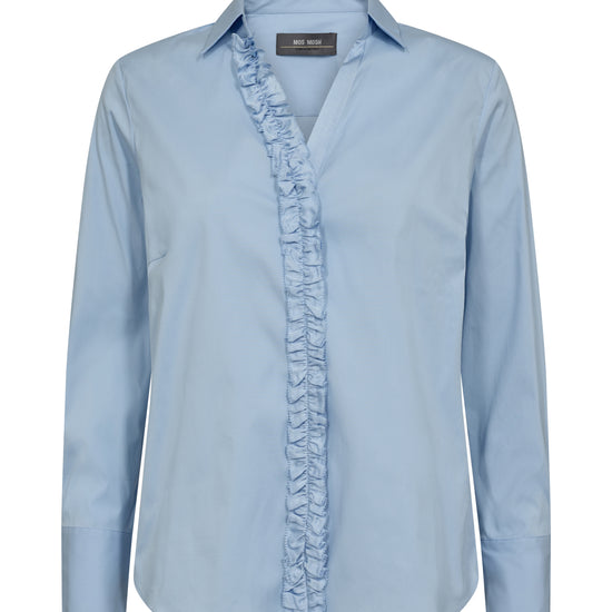 Cornflower blue shirt with classic collar long sleeves and a ruffle along the full length placket