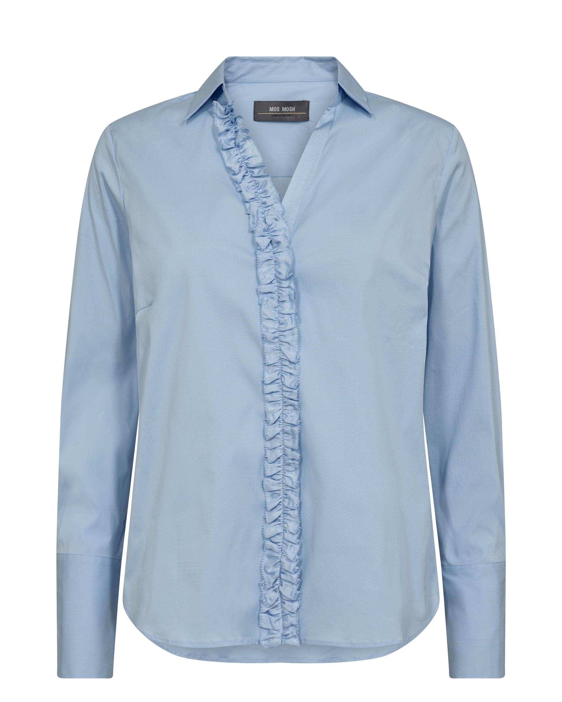 Cornflower blue shirt with classic collar long sleeves and a ruffle along the full length placket