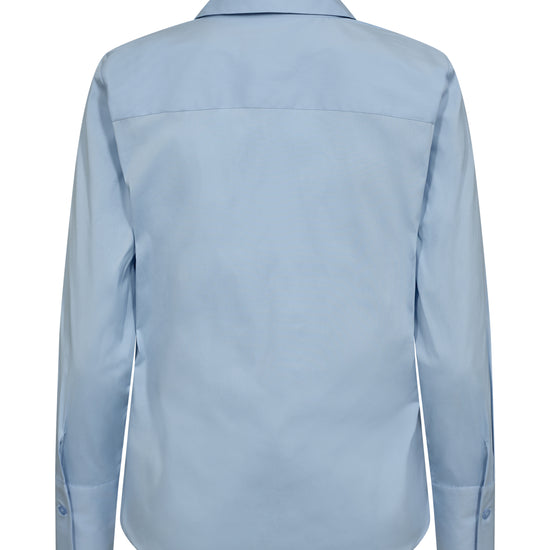 Cornflower blue shirt with classic collar long sleeves and a ruffle along the full length placket