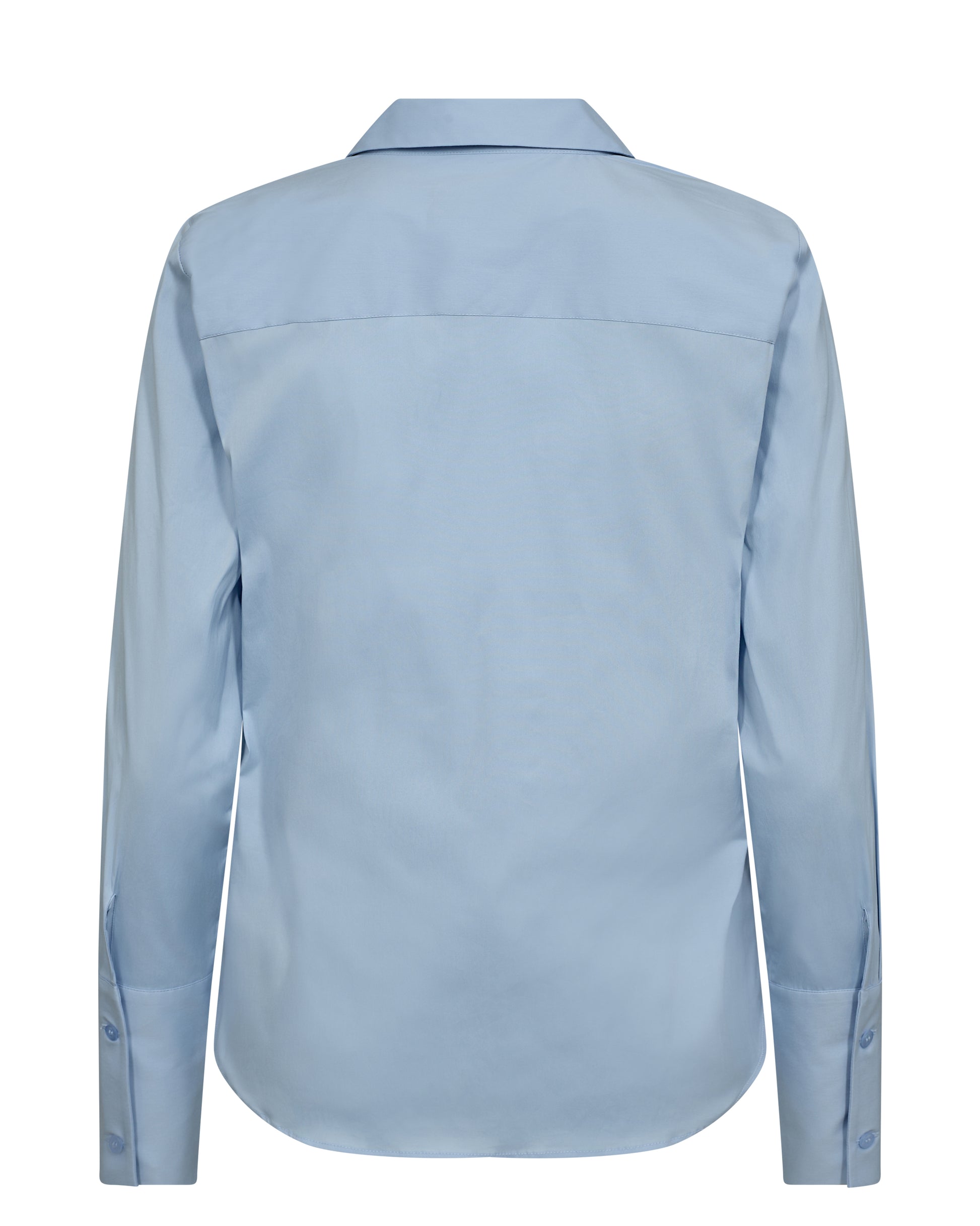 Cornflower blue shirt with classic collar long sleeves and a ruffle along the full length placket