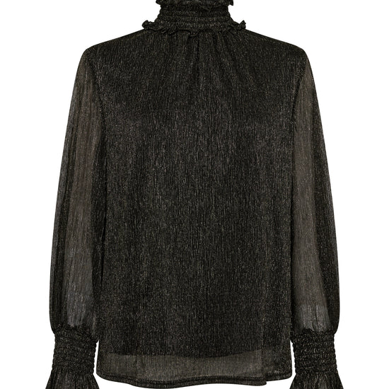 Shimmery black long sleeved top lined in the body with ruched and ruffled neck and cuffs