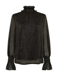 Shimmery black long sleeved top lined in the body with ruched and ruffled neck and cuffs