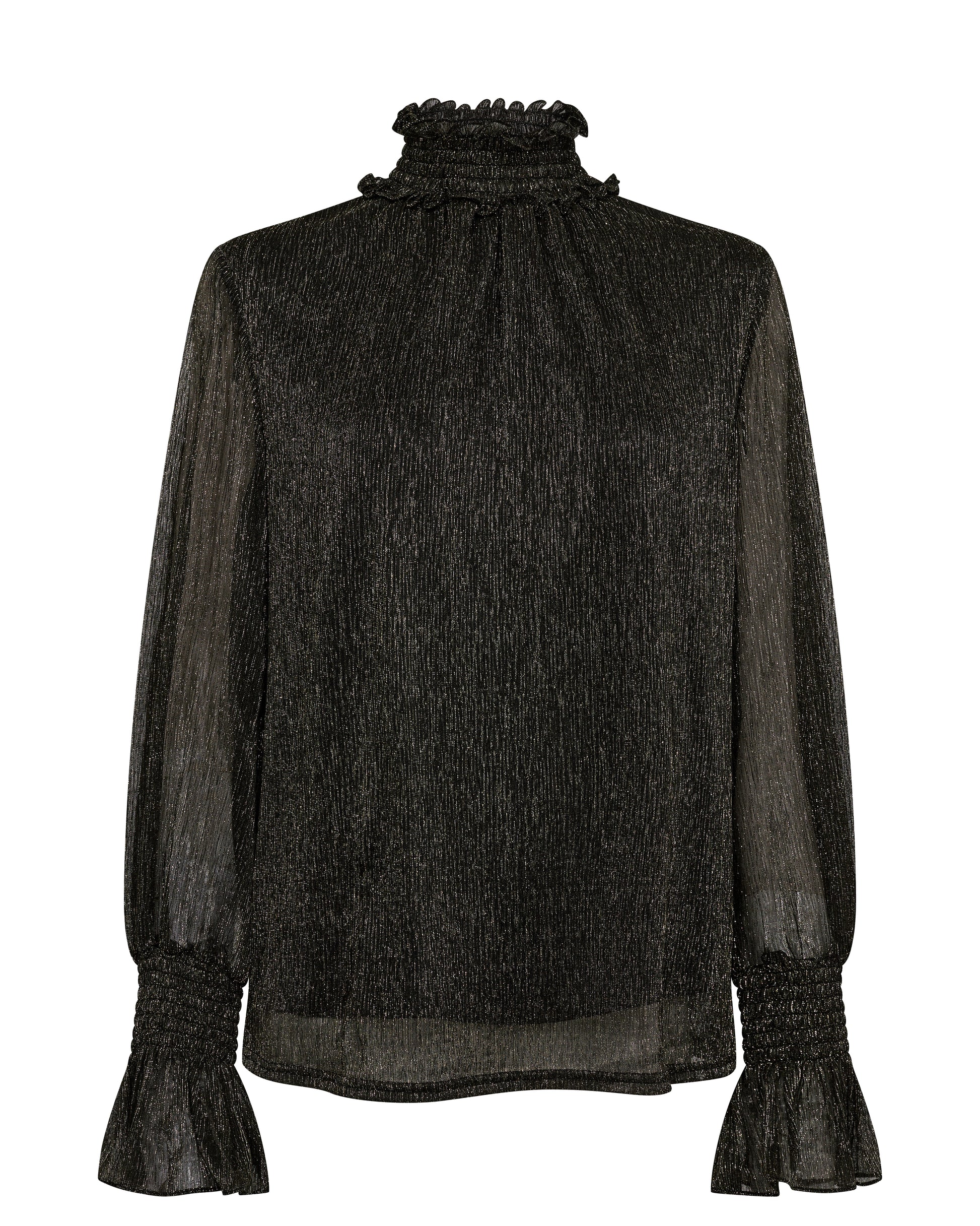 Shimmery black long sleeved top lined in the body with ruched and ruffled neck and cuffs