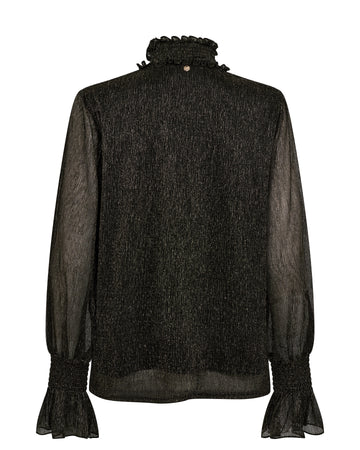 Shimmery black long sleeved top lined in the body with ruched and ruffled neck and cuffs