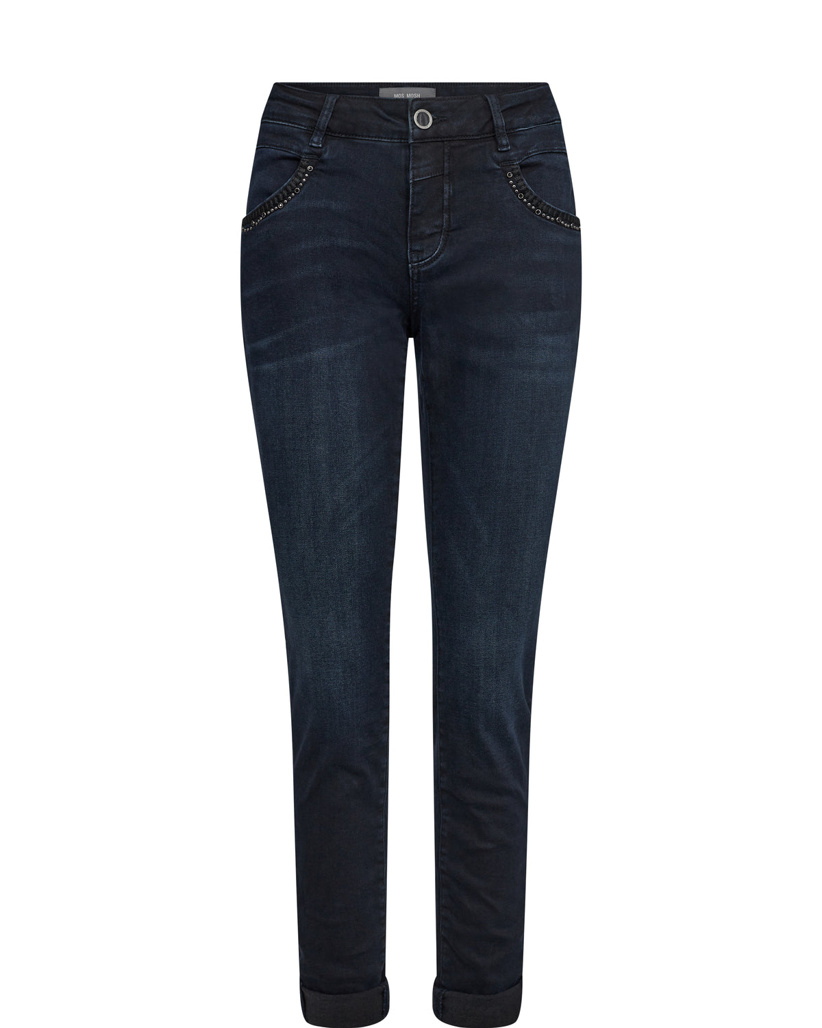 Dark blue wash slim skinny jeans with small silver metallic studs on pockets